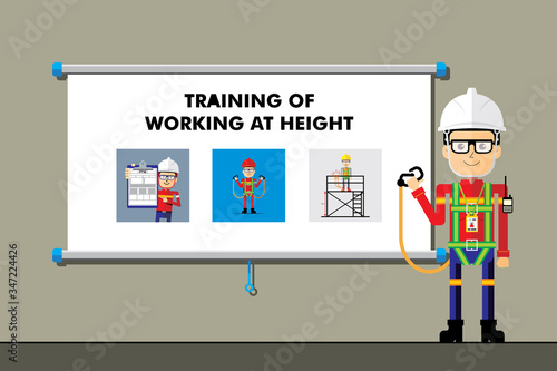 Safety trainer cartoon character on presentation. Training of working at height. Flat style vector image. Background illustration.