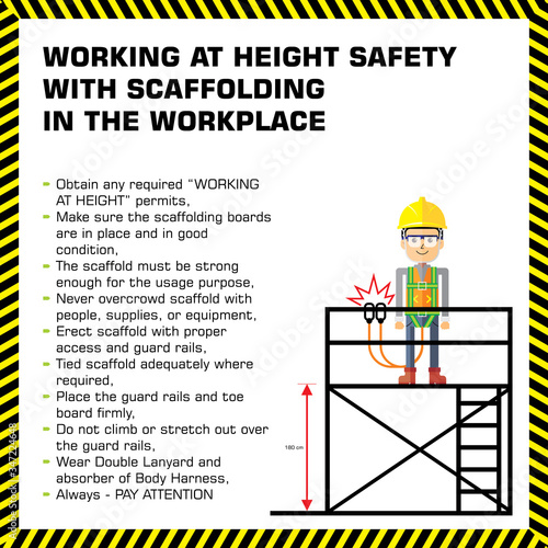 Safety tips on working with scaffolding. Working at height in the workplace. Personal protective equipment.