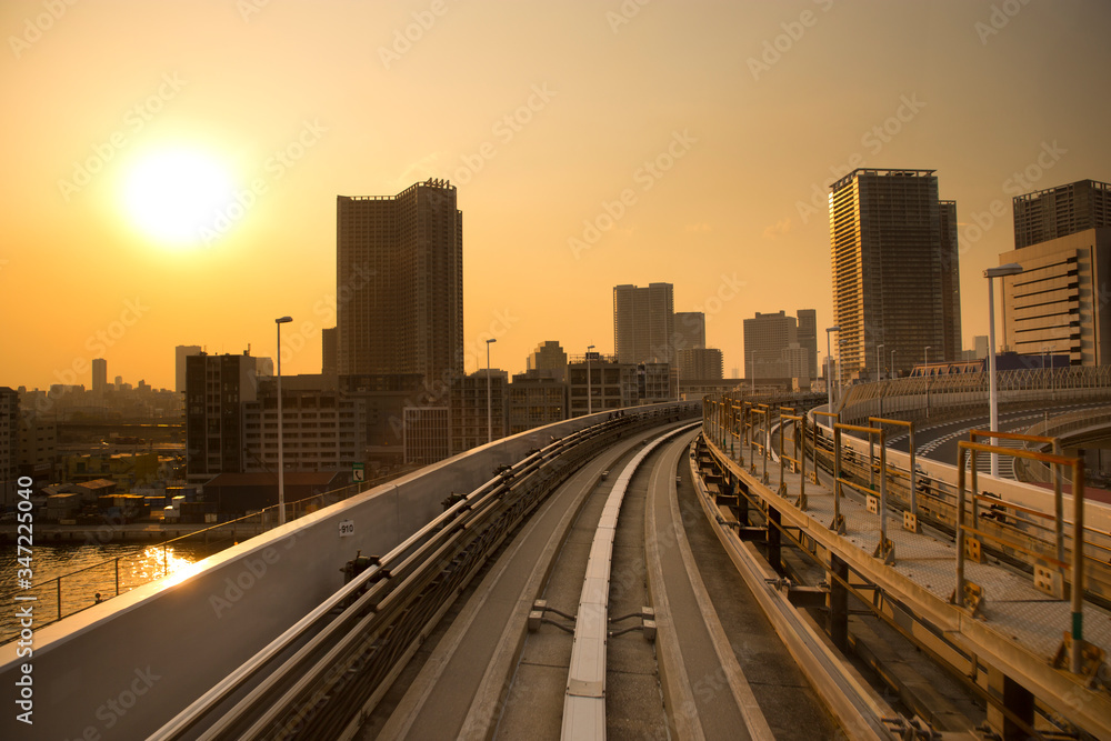 Tokyo railway yamanote and skyline at sunset