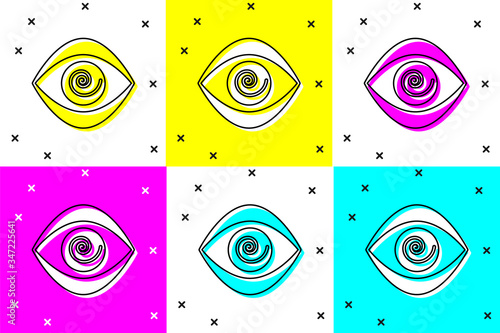 Set Hypnosis icon isolated on color background. Human eye with spiral hypnotic iris.  Vector Illustration
