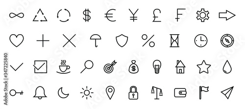 Vector outline symbol set, collection of signs, outline universal symbol set, black thin line isolated on white background,