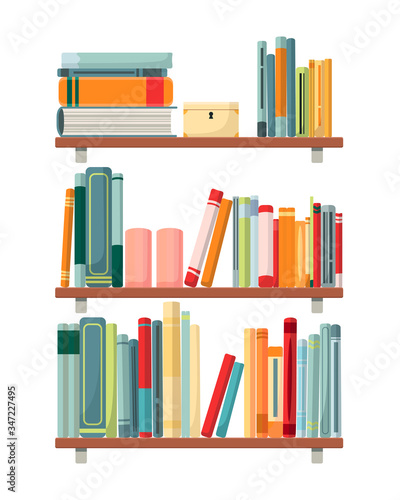 Different colorful books in room library.  Vector illustration with candles, casket and school books standing on a shelf. Сoncept of library background isolated on white background.