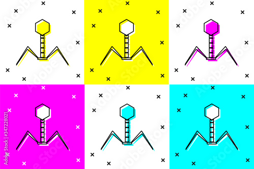 Set Bacteria bacteriophage icon isolated on color background. Bacterial infection sign. Microscopic germ cause diseases concept.  Vector Illustration