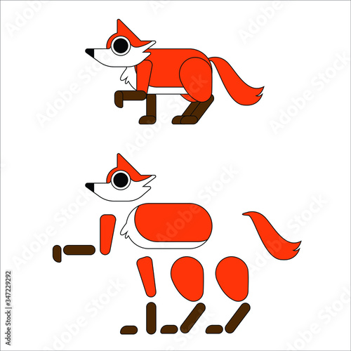 fox character constructor for animation. Front, side and back view. Flat animal cartoon style vector illustration isolated on white background