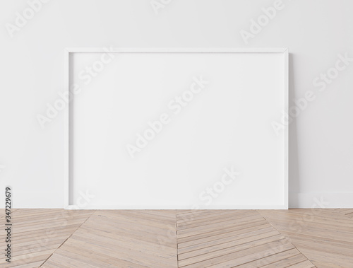 Realistic white  frame  size A3  A4 on White Wall standing on wooden floor. Design Template for Mock Up  3D render  3D illustration