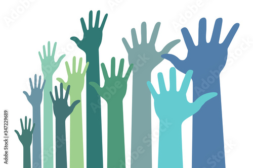Up hands bright colorful distort icon. Raised hands in perspective. Vector logo distorted illustration. Green blue colors