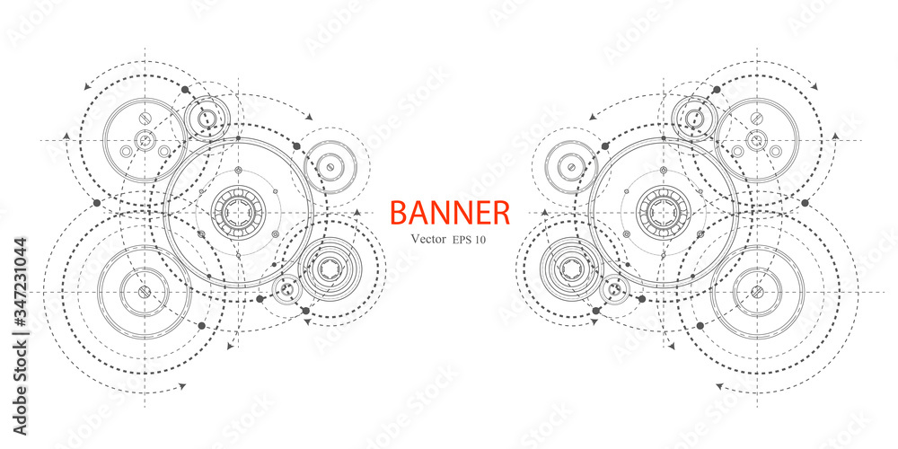 Fototapeta premium Engineering technical drawing on a white background. Rotating mechanism of round parts .Gears on a white background .