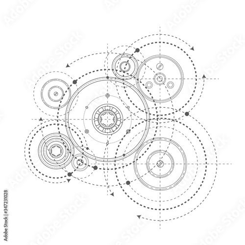 Rotating mechanism of round parts .Engineering technical drawing on a white background. Gears on a white background .