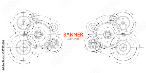 Engineering technical drawing on a white background. Rotating mechanism of round parts .Gears on a white background .