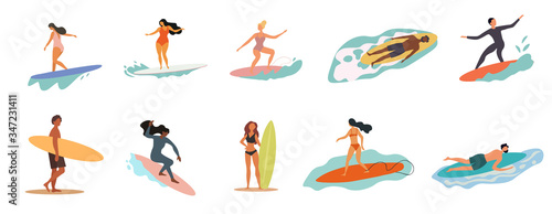 Collection of diverse men and women in swimsuits doing assorted activities with surfboards on the beach and ocean isolated on white, colored vector illustration