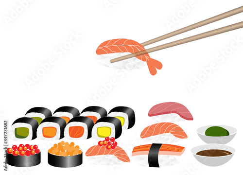 Chopsticks holding shrimp sushi, assorted sushi, sauce and wasabi on table. Isolated on white background. Side view, Vector Illustration.