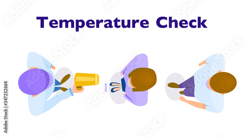 Customers queue for temperature check or fever check with non-contact thermometer checking at forehead. Top view. COVID-19 pandemic concept. Vector illustration. Flat design