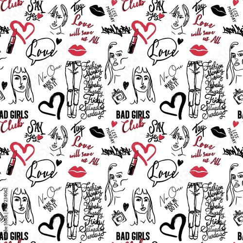 doodle romantic pattern in girlish style with pop art lips, text, heart,graffity,