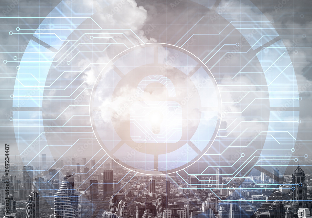 Virtual locking mechanism on background downtown Virtual locking mechanism on background downtown