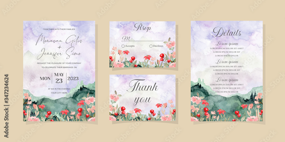 beautiful wedding invitation card with wild floral mountain watercolor
