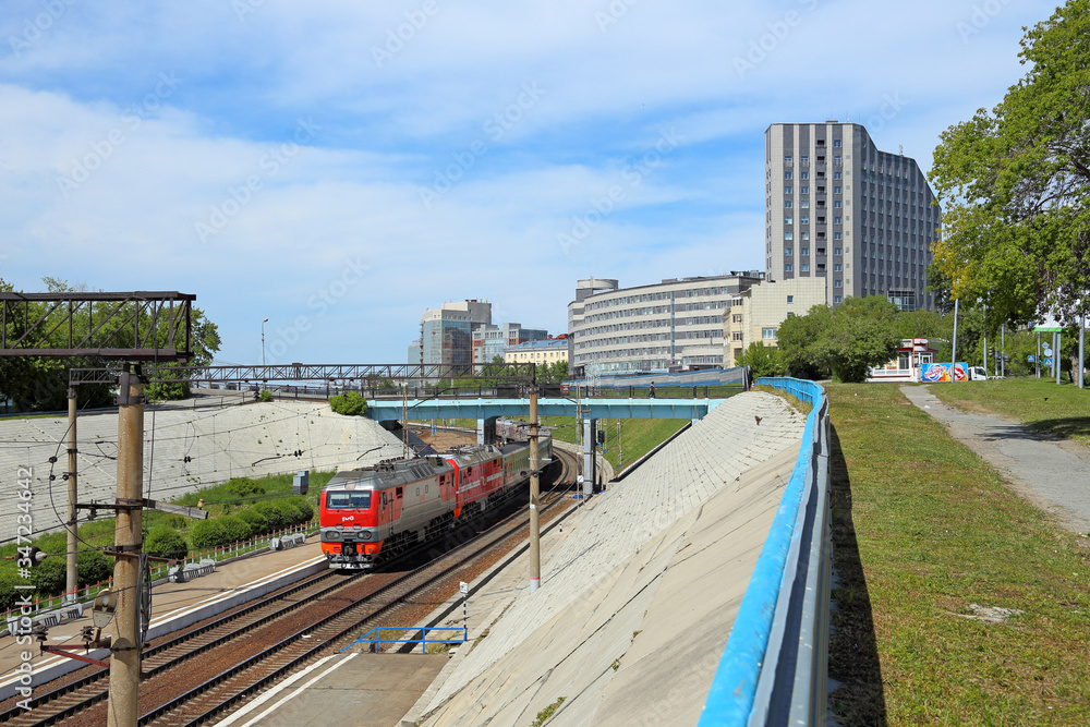 Fototapeta premium Train on a summer day in the city of Novosibirsk in Russia
