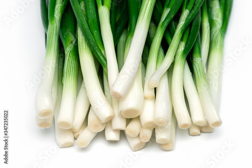 bunch of green fresh onions on a white background