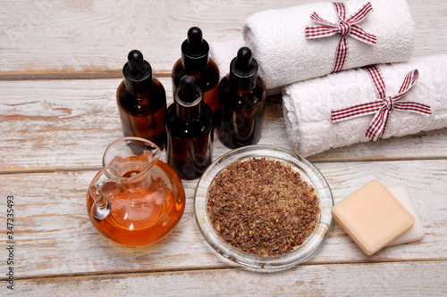 body oil, linseed oil and facial and decanter masks in combination with natural, small soaps and towels