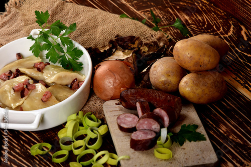 smoked sausage, dried mushrooms, potatoes, onions, dumpling stuffing ingredients photo