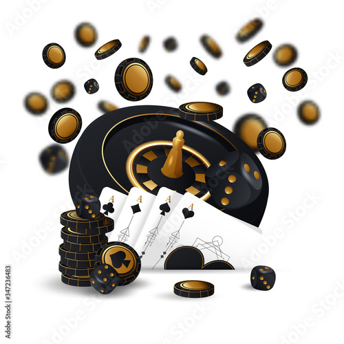 Falling casino chips and aces with blurred elements, vector illustration, isolated on white