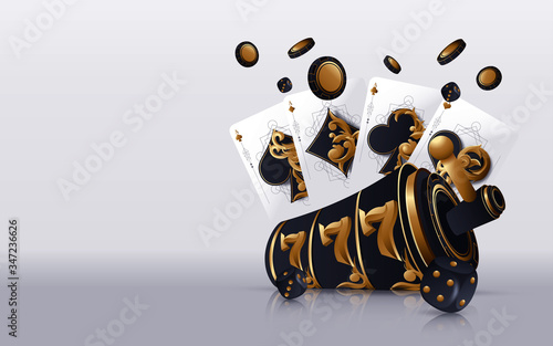 Casino poker design template. Falling poker cards and chips game concept. Casino lucky background isolated.