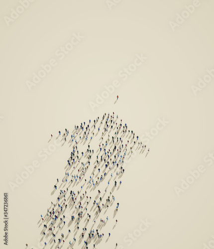 People following the leader as arrow, 3d render, illustration