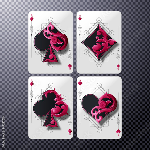 four ace card with red ornament, poker casino illustration on transparent background