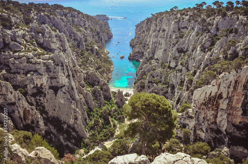 View overhanging the calanque of En-Vau from the hills, panorama of the calanques of Marseille.