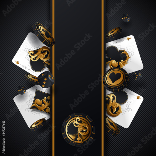 Casino poker design template. Falling poker cards and chips game concept. Casino lucky background isolated.