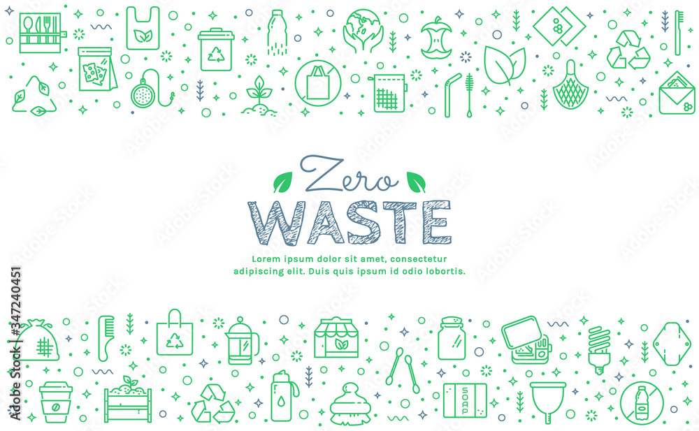 Zero waste banner with line icons on white background. Vector.