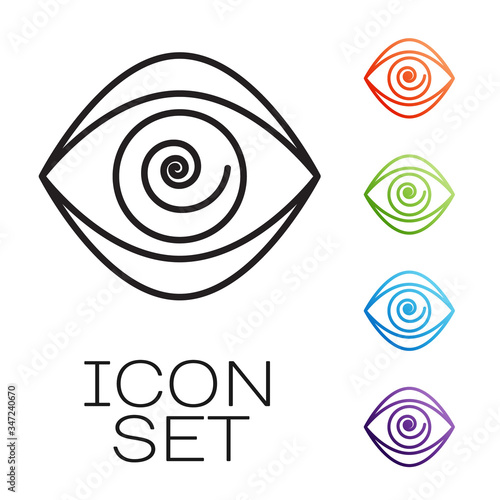 Black line Hypnosis icon isolated on white background. Human eye with spiral hypnotic iris. Set icons colorful. Vector Illustration