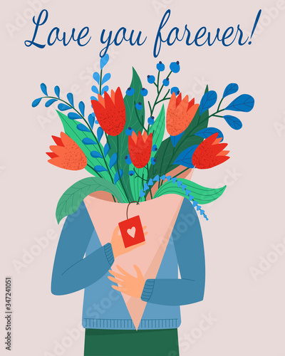 Love you forever! Vector illustration for a cover, poster or card for the holiday. Drawing of hands holding a bouquet of flowers, a holiday gift