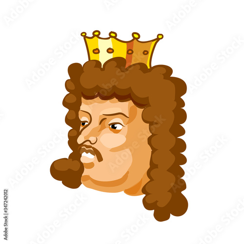 Cartoon head of a king in a wig with a crown. Vector illustration