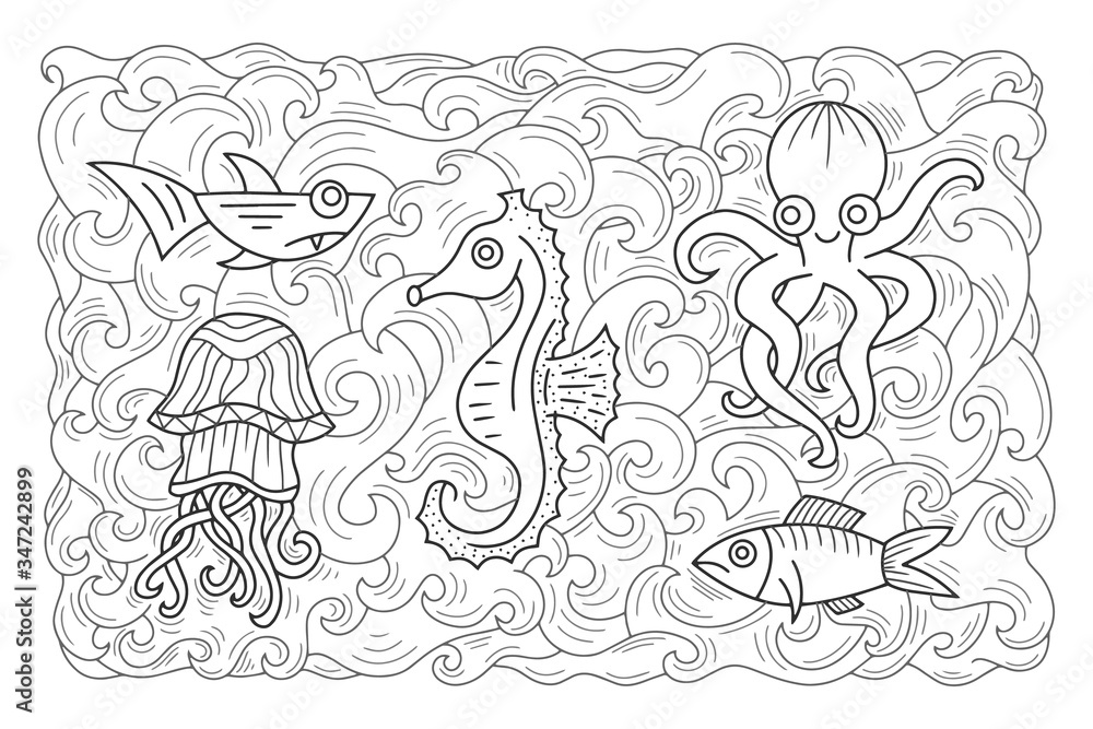 Outline underwater animal isolated on white. Octopus, shark, jellyfish, fish, seahorse in water. Sketch hand drawing art line. Coloring page book. Outline sea life. Vector stock illustration
