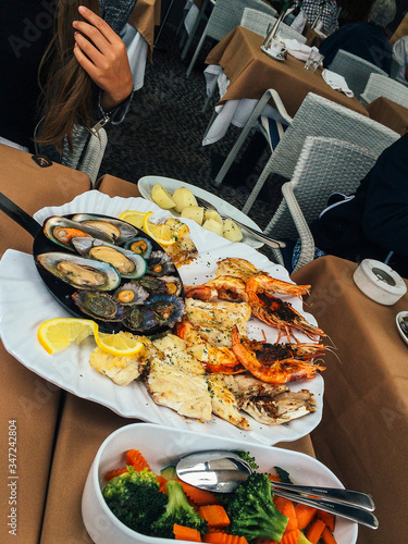 Seafood platter in the restaurant outdoor