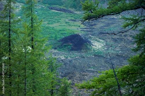 Volcanic valley. Crater of an extinct volcano.