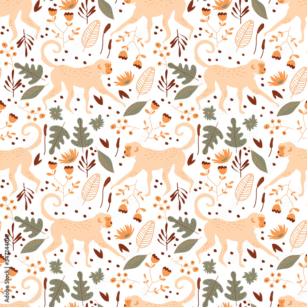 Jungle Vector Seamless Pattern with Monkey Walking Among Flora Jungle Vector Seamless Pattern with Monkey Walking Among Flora