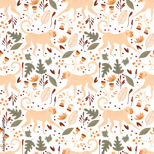 Jungle Vector Seamless Pattern with Monkey Walking Among Flora