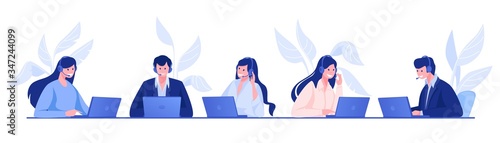 Call center. Customer support and information service concept with cartoon office people, operators on hotline with headsets. Vector illustrations set company call operator employees