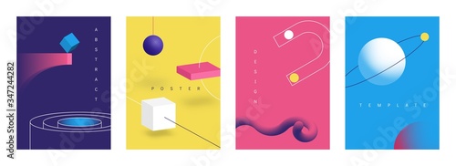 Geometric 3D posters. Abstract retro futuristic banners with bright geometry art objects, brochure collections with technology shapes. Vector set geometrical illustration backgrounds