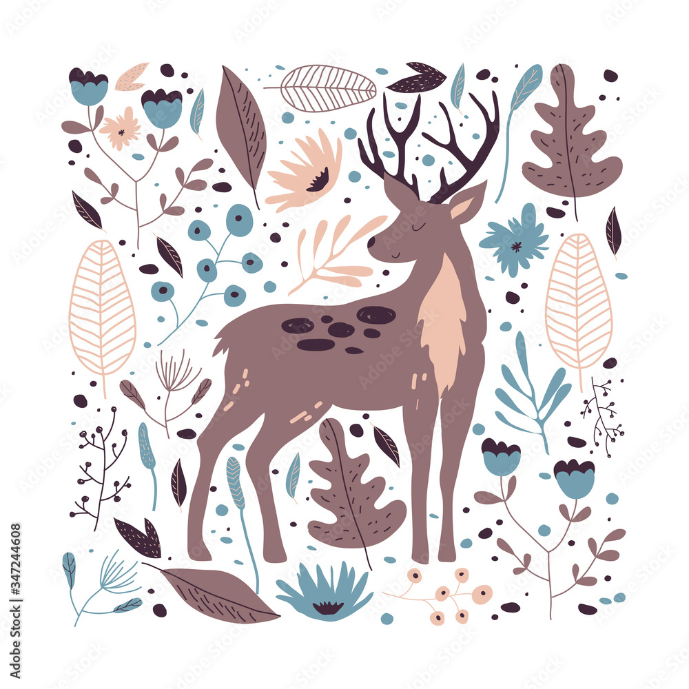 Deer Vector Hand Drawn Illustration. Wild Animal with Antlers Drawn in Scandinavian Style Deer Vector Hand Drawn Illustration. Wild Animal with Antlers Drawn in Scandinavian Style