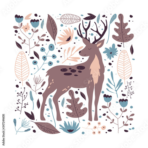 Deer Vector Hand Drawn Illustration. Wild Animal with Antlers Drawn in Scandinavian Style