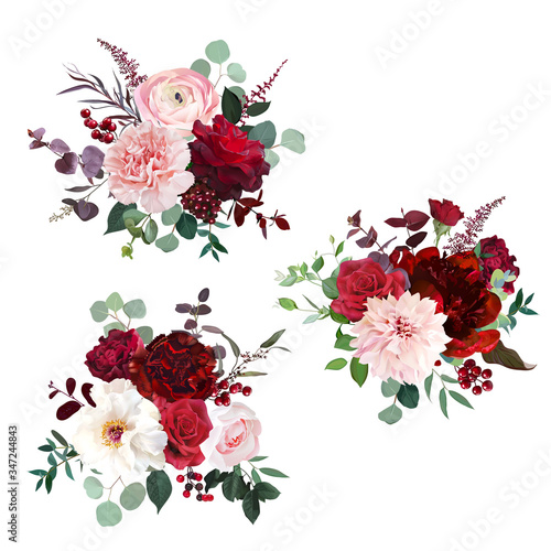 Classic luxurious red roses, pink carnation, ranunculus, dahlia, white peony