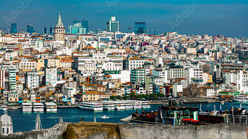 Bosphorus of Istanbul, Halic, Buildings, Mosque Minarets, Blue Sky, Daylight, European side, Asian side, Harsh Light