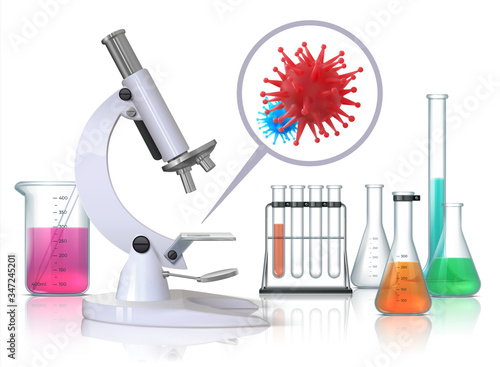Virus under microscope. Realistic medical laboratory equipment and flu infection magnification, coronavirus disease vaccine research. Vector survey science concept