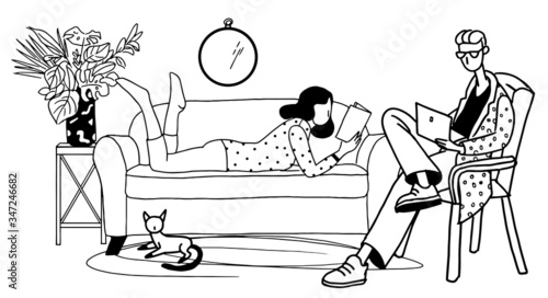 Couple in apartment. Girl and boy relaxing at home. Modern interior vector illustration.