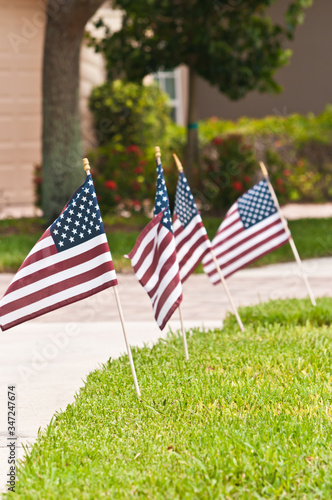Front view, close distance of four American flags in a front lawn of a tropical residence on the 4th of July, on a sunny day 