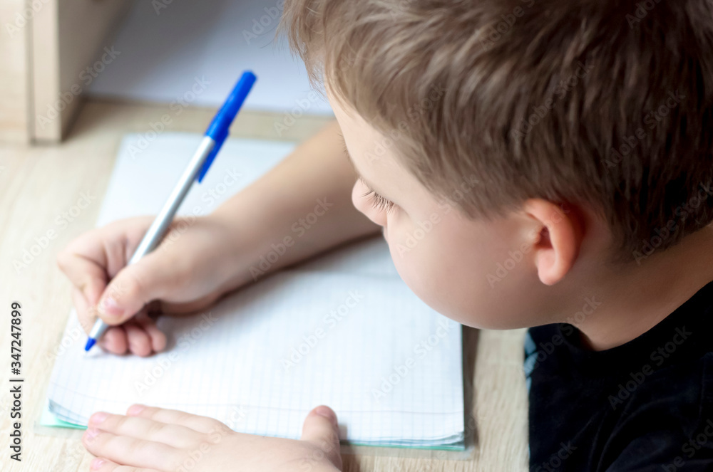 Home schooling. The boy does his homework. Writes in a notebook. Home schooling. The boy does his homework. Writes in a notebook.
