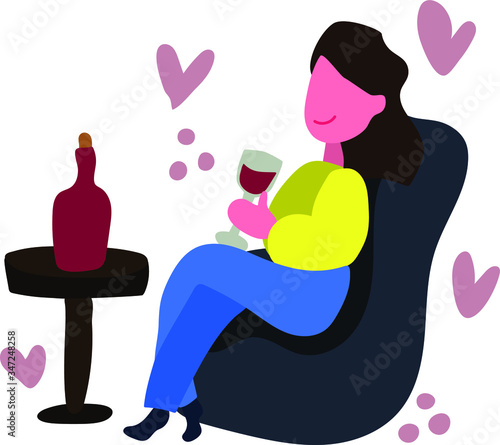 The girl is sitting on a chair and drinking wine. The concept of recreation. Cute illustration