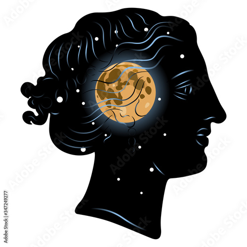 Isolated vector illustration. Fantastic female head with full moon and stars inside. Goddess of night. Selene or Nyx.
